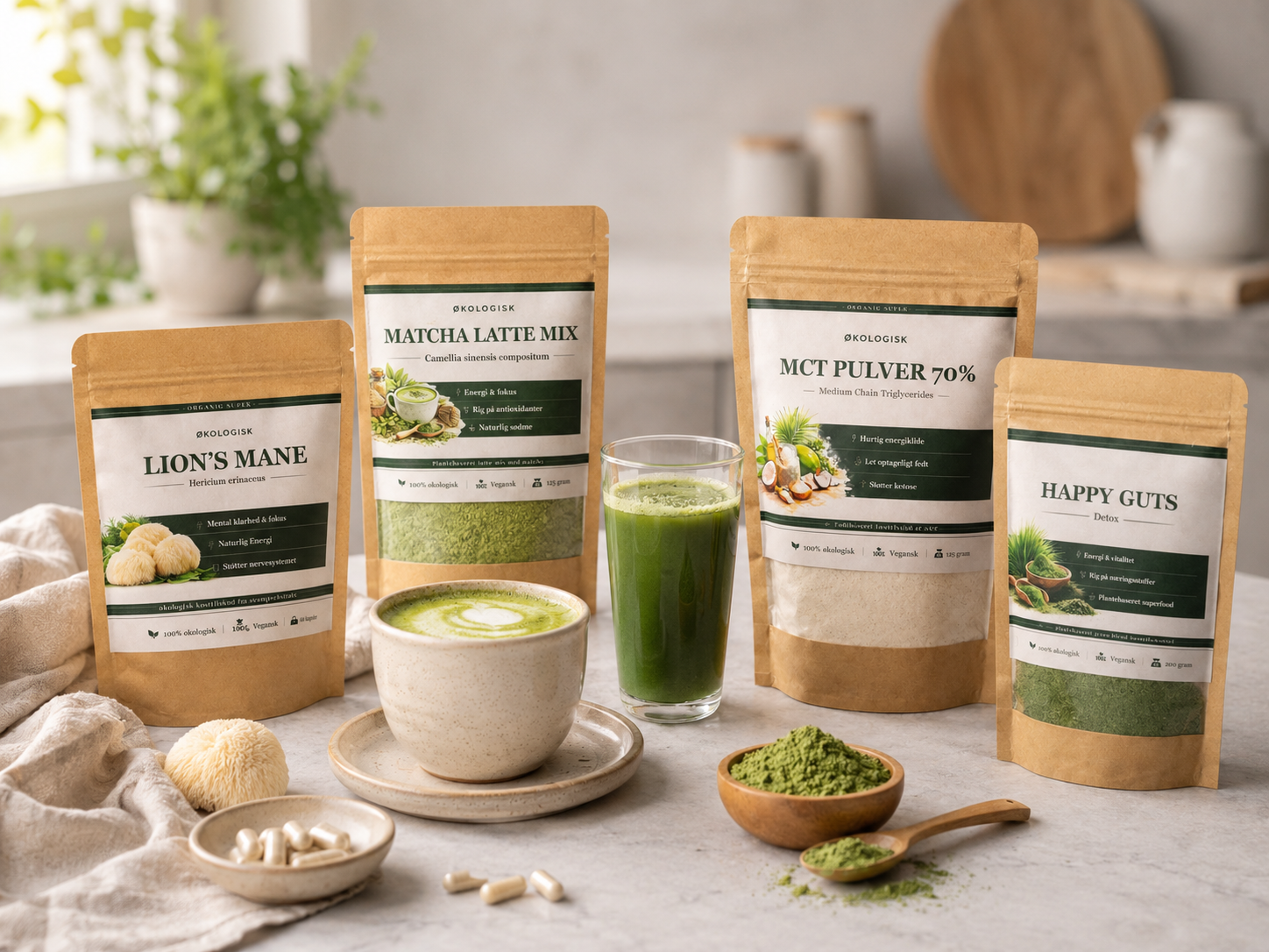 Organic Super produkter på køkkenbord med matcha latte, grøn smoothie og superfood pulver